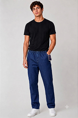Calça Jeans De Elástico Inteiro na Cintura - Com Zipper - Cherne - Algodão / Poliester - Ref. 822916 Azul Escuro