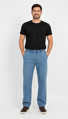 Calça Jeans De Elástico Inteiro na Cintura - Com Zipper - Cherne - Algodão / Poliester - Ref. 822916 Delave