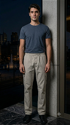 Calça de Elástico Great News - Com Zipper e Bolso lateral Cargo - 100% Algodão - Ref. 134 Bege