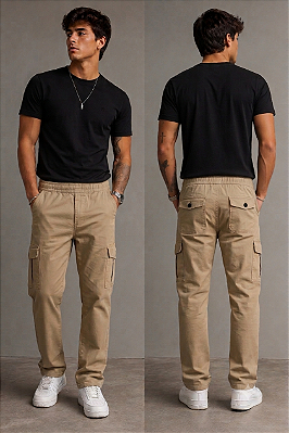 Calça de Elástico Great News - Com Zipper e Bolso lateral Cargo - 100% Algodão - Ref. 134 Caqui