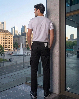 Calça de Elástico Great News - Com Zipper e Bolso lateral Cargo - 100% Algodão - Ref. 134 Preta