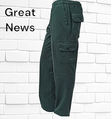 Calça de Elástico Great News - Com Zipper e Bolso lateral Cargo - 100% Algodão - Ref. 134 Verde