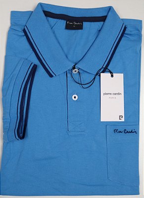 Camisa Polo Pierre Cardin (Com Bolso) - Manga Curta Com Punho - 100% Algodão - Ref. 70115 Azul