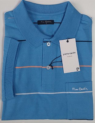 Camisa Polo Pierre Cardin (Com Bolso) - Manga Curta Com Punho - 100% Algodão - Ref. 15748 Azul