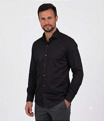 Camisa Social Roberto Negri Regular Fit - (Sem Bolso) - Manga Longa - Algodão Fio 100 - REF 1178 Preta