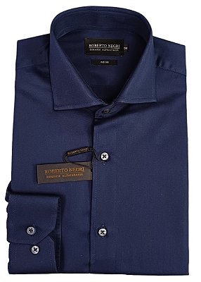 Camisa Social Roberto Negri Regular Fit - (Sem Bolso) - Manga Longa - Algodão Fio 100 - REF 1178 Marinho