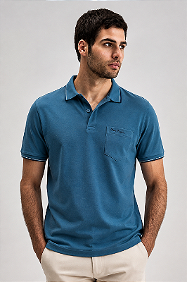Camisa Polo Pierre Cardin Com Bolso - Manga Curta Com Punho - Malha Piquet - 100% Algodão - Ref 45530 Azul