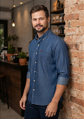 Camisa Dimarsi Manga Longa Regular Fit - Jeans - Com Bolso - 100% Algodão - Ref. 9854 Jeans Azul