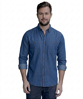 Camisa Dimarsi Manga Longa Regular Fit - Jeans - Com 2 Bolsos - 100% Algodão - Ref. 9858 Jeans Azul