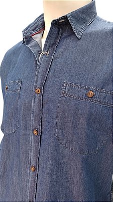 Camisa Dimarsi Manga Longa Regular Fit - Jeans - Com 2 Bolsos - 100% Algodão - Ref. 9858 Jeans Azul