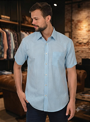 Camisa Dimarsi Tradicional Regular Fit - Com Bolso - Manga Curta - 100% Algodão - Ref 10433 Azul Claro Xadrez