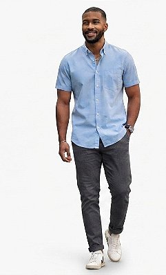 Camisa Dimarsi Tradicional Regular Fit - Com Bolso - Manga Curta - Algodão Fil a Fil - Ref 10405 Azul