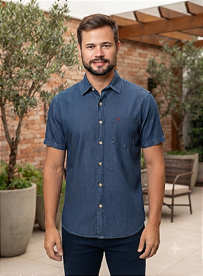Camisa Jeans Dimarsi Tradicional Regular Fit - Com Bolso - Manga Curta - 100% Algodão - Ref. 10787 Azul