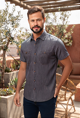 Camisa Jeans Dimarsi Tr adicional Regular Fit - Com 2 Bolsos - Manga Curta - 100% Algodão - Ref. 9857 Grafite