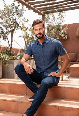 Camisa Jeans Dimarsi Tr adicional Regular Fit - Com 2 Bolsos - Manga Curta - 100% Algodão - Ref. 9857 Azul