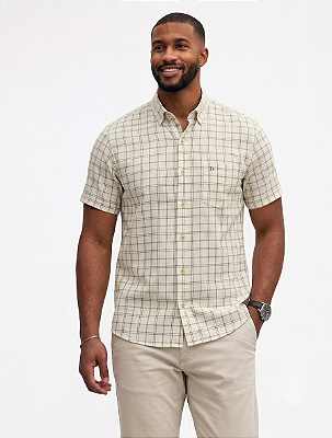 Camisa Dimarsi Tradicional Regular Fit - Com Bolso - Manga Curta - Puro Algodão - Ref. 10581 Xadrez - Branco/Verde