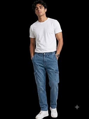 Calça Com Elástico Inteiro na Cintura - Com Bolso Cargo - Ref. 4770 Delave