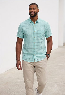 Camisa Dimarsi Tradicional Regular Fit - Com Bolso - Manga Curta - Puro Algodão - Ref. 10755 xadrez verde