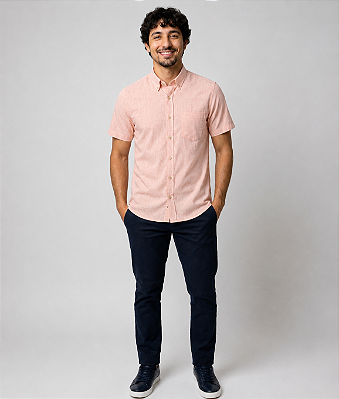 Camisa Dimarsi Tradicional Regular Fit - Botão No Colarinho - Com Bolso - Manga Curta - Puro Algodão - Ref. 10775 Laranja