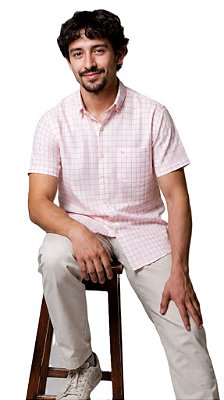 Camisa Dimarsi Tradicional Regular Fit - Com Bolso - Manga Curta - Puro Algodão - Ref. 10555 Xadrez Rosa