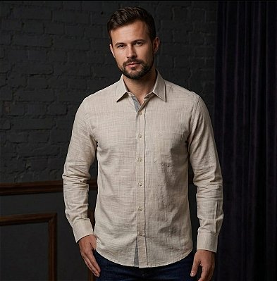 Camisa Dimarsi Manga Longa Regular Fit - Puro Algodão - Ref 11050 Bege