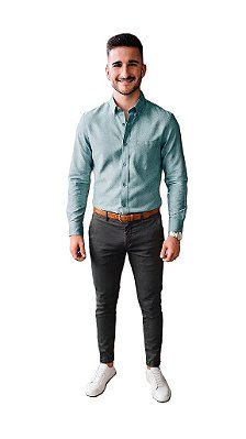 Camisa Poggio Sem Bolso - Manga Longa - Com Botão no Colarinho - 100% Algodão Fil a Fil - Ref. 20516 verde