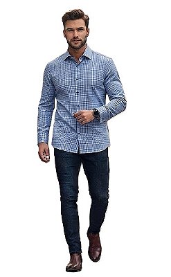 Camisa Poggio Sem Bolso - Manga Longa - Com Botão no Colarinho - 100% Algodão - Ref. 21080 Xadrez