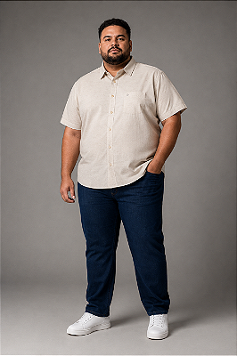 Camisa Pitt Regular Masculina Plus Size - Com Bolso - Manga Curta - Algodão / Linho- Ref. 35150 Bege