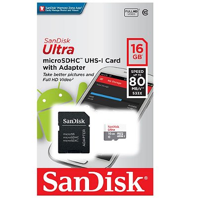 Cartão de Memória SanDisk 16GB Micro SD Classe 10 Vel. Até 80MBs