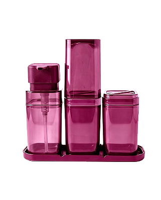 KIT LINHA BANHEIRO LUX (4 PEÇAS) - PORTA ESCOVAS COM TAMPA + PORTA ALGODÃO/COTONETE + PORTA SABONETE LÍQUIDO + BANDEJA - 10 KITS