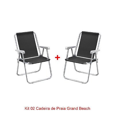 KIT 02 CADEIRA DE PRAIA ALUMÌNIO GRAND BEACH PREMIUM PRETO