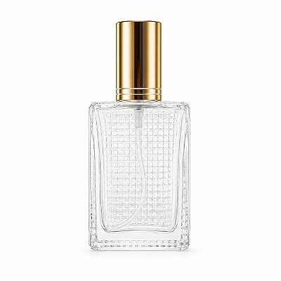 Frasco em Vidro Classic Detalhe Transparente Tampa e Válvula Douradas 50ML