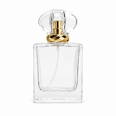 Frasco em Vidro Transpaente Detalhes em Lozangos Tampa Transparente e Válvula Dourada 50mL
