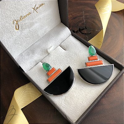 Brinco em Prata com banho de Ouro Branco 18k, Crisopázio, Ônix e Vidro