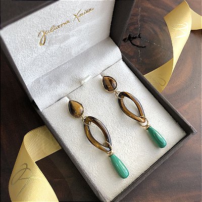 Brinco em Prata com banho de Ouro amarelo 18k, Olho de Tigre e Malaquita.