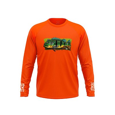 Camisa Casual Tucunaré Laranja Play Pesca by Kid Ocelos com Proteção Uv50+