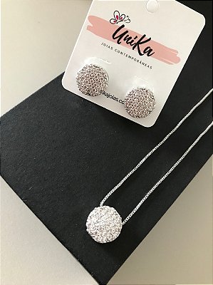 Conjunto Colar e Brincos Mandala Pequena Cravejada com Zircônias Folheado em Ródio Branco