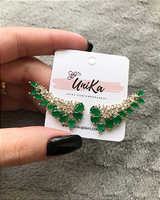 Brinco Ear Cuff Verde Esmeralda Leitoso com Zircônias Banhado em Ouro 18K