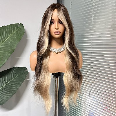 Wig Jade Loiro Bege com raiz esfumada castanho médio