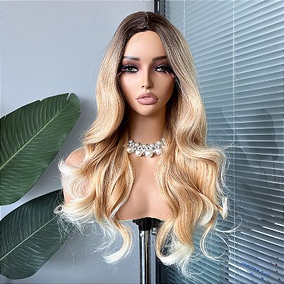 Wig Jade Loiro Bege Médio com Raiz Esfumada