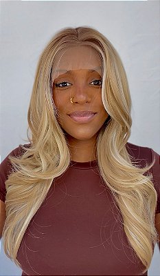 LACE FRONT ANNA LOIRO DOURADO COM MECHAS E RAIZ ESFUMAÇADA 13 x 4