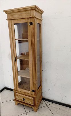 CRISTALEIRA 1 PORTA, RÚSTICA, LATERAL VIDRO E PRATELEIRAS DE MADEIRA - REF. 1015