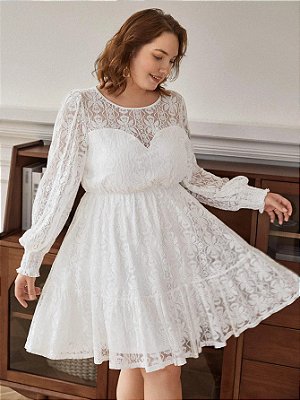 Vestido de Noiva Civil Renda Branco com Manga Longa