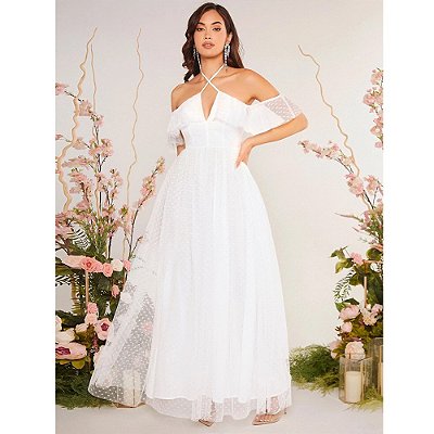 Vestido de Noiva Longo Ombro a Ombro em Tule Poá Branco