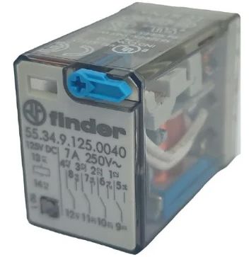 55.34.9.125.0040 MINI RELÉ INDUTIVO FIXAÇÃO EM BASE 4 CONTATOS REVERSÍVEIS 125VDC FINDER