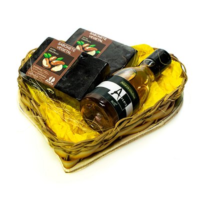 KIT P/ PRESENTE CESTA CORAÇÃO M - 02 Sabonetes Vegetais Safra Amazônica / 01 Água de Colônia / 01 Cesta Artesanal de Cipó-titica - UND - CÓD: 0730