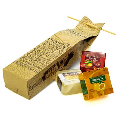 KIT P/ PRESENTE SAFRA AMAZÔNICA CAIXINHA ARTESANAL TRIBOS - 03 Sabonetes Safra Amazônica 60G / 01 Caixinha Papel Kraft - UND - CÓD: 2491