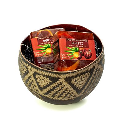KIT P/ PRESENTE CUIA NATIVA INDÍGENA DUPLO M - 02 Sabonetes Safra Amazônica 60g / 01 Cuia Regional Indígena Decorada a Mão - Tam M - CÓD: 2859