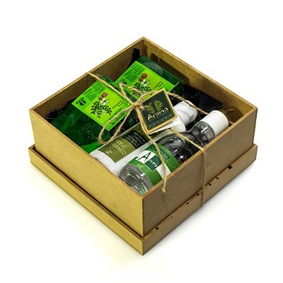 KIT P/ PRESENTE CAIXINHA MIX - 02 Sabonetes Safra Amazônica 100G / 01 Água de Colônia 80ml / 01 Hidratante Corporal 60ml / 01 Caixinha Artesanal MDF (15x15x07) - CÓD: 2644