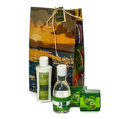 KIT P/ PRESENTE CAIXINHA RIBEIRINHO - 02 Sabonetes Safra Amazônica 60g / 01 Hidratante Corporal 60ml / 01 Água de Colônia 80ml / 1 Caixinha Artesanal Kraft - CÓD: 3412